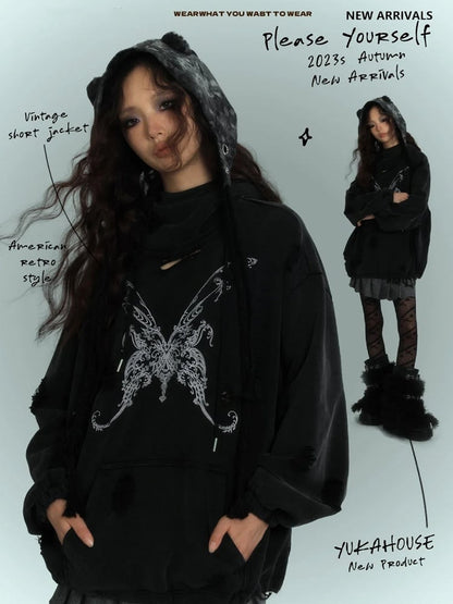 Butterfly Embroidery Black Distressed Holes Punk Hoodie