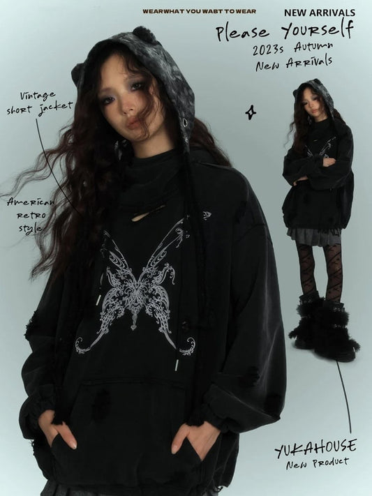 Butterfly Embroidery Black Distressed Holes Punk Hoodie