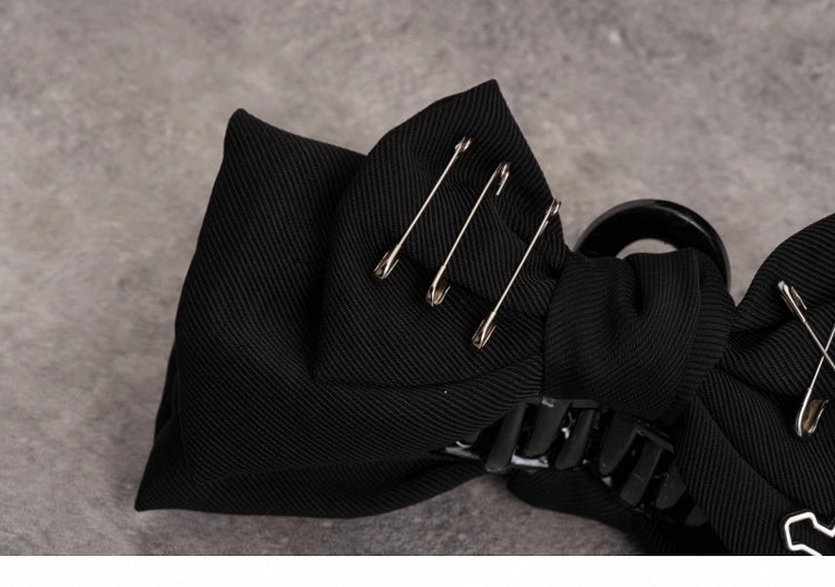 Gothic Pins Decorated Black Bow Claw Clip with Cross Chain