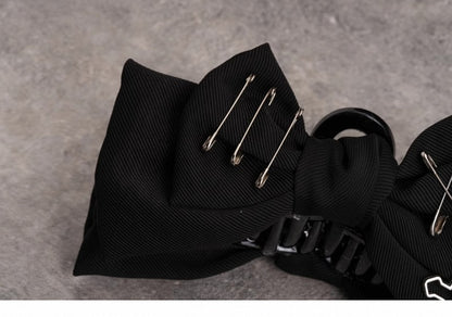 Gothic Pins Decorated Black Bow Claw Clip with Cross Chain