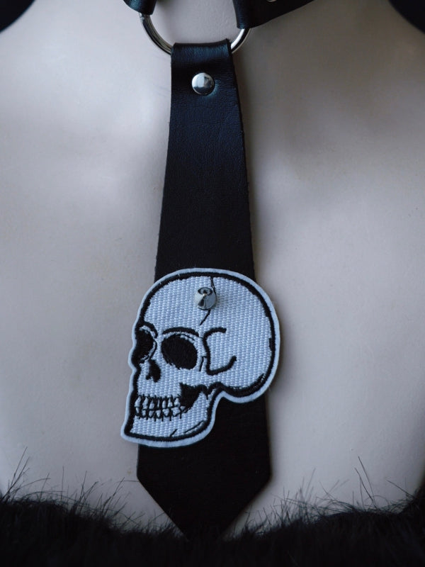 Black Gothic Skeleton Applique Studs Decorated Tie PU Choker