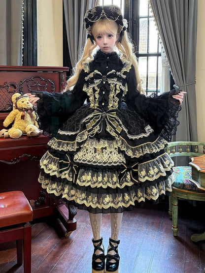 Black Flower Bead Chain Bow Neckline Gorgeous Princess Lolita Dress