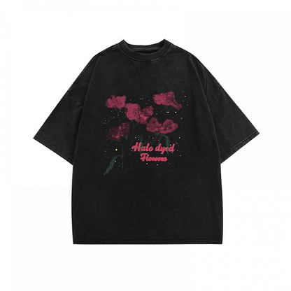 Red Rose Print Black Faded Wash Distressed Oversize T-shirt