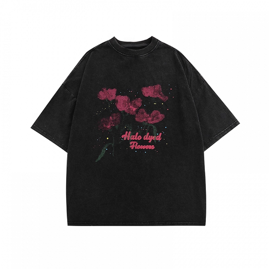 Red Rose Print Black Faded Wash Distressed Oversize T-shirt