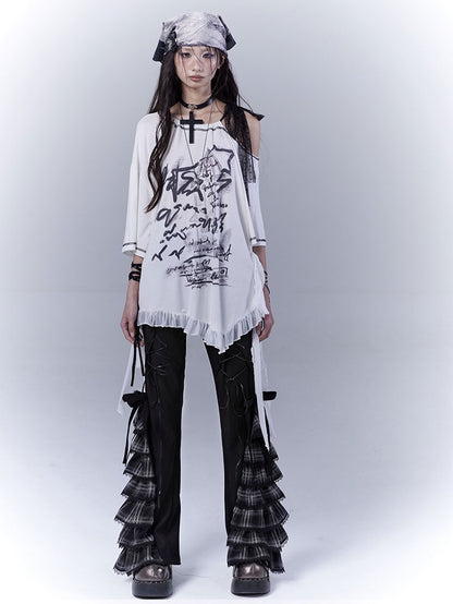 Black Lace-up Front Tiered Plaid Cuffs Slim-fitting Pants