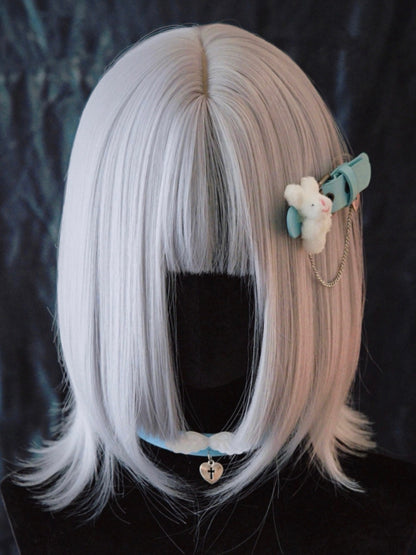 Handmade Plush Bunny Blue PU Buckle Hairclip with Chain