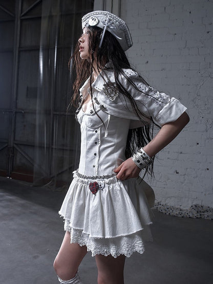 Black/White Dropped Waist Stud Details Raw Hem Punk Cami Dress