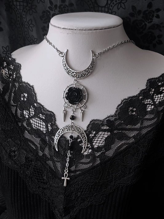 Gothic Moons and Rosette Punk Necklace Silver and Black