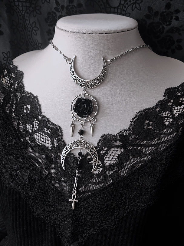 Gothic Moons and Rosette Punk Necklace Silver and Black
