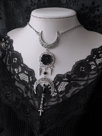 Gothic Moons and Rosette Punk Necklace Silver and Black
