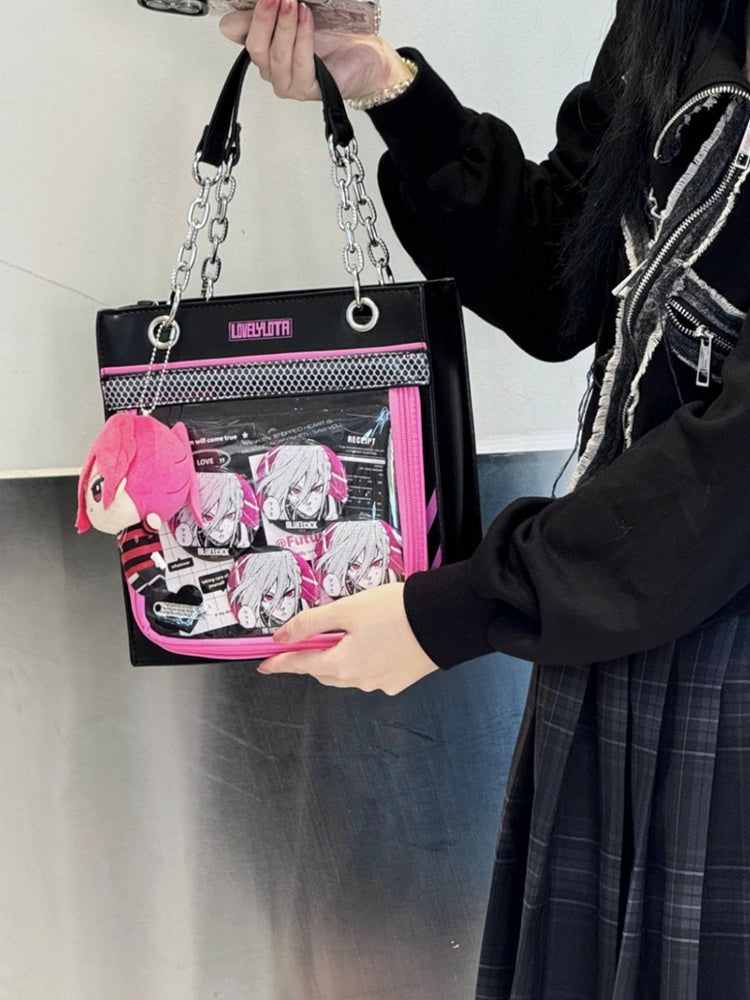 Black & Dark Pink Sweetheart Charm Zipper Ita Shoulder Bag