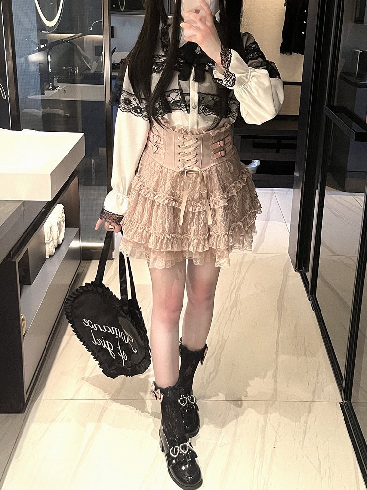 Jirai Kei High Waist Tiered Lace Skirt | Heart Buckles & Lace-Up Detail | 5 Colors