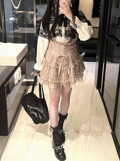 Jirai Kei High Waist Tiered Lace Skirt | Heart Buckles & Lace-Up Detail | 5 Colors