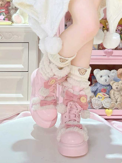PU Pink Sweet Lolita Platform Snow Boots - Plush Lining with Bear Ear Accents & Bow Details