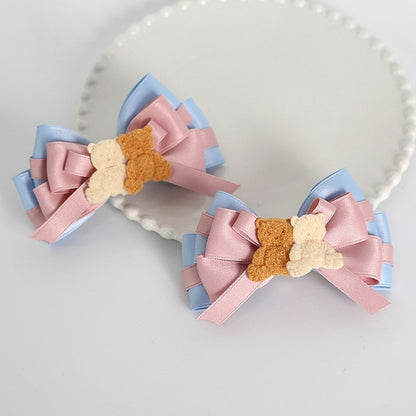 Cute Lolita Pink & Blue Bowknot Hairclip With Two Bear Decorations