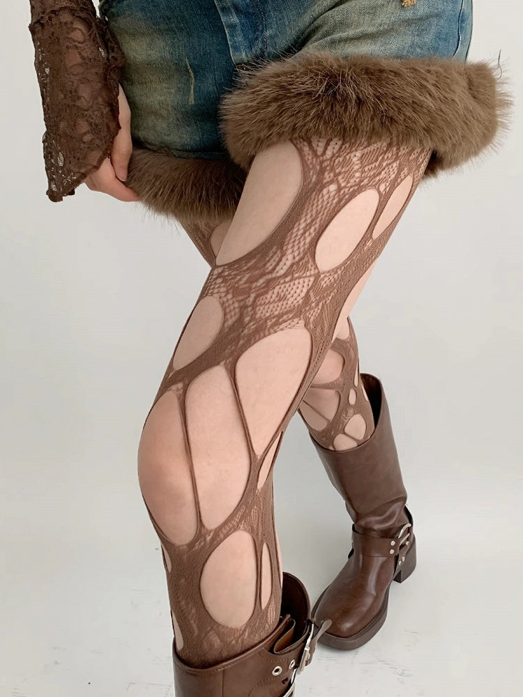 Gray/White/Brown/Black Y2K Asymmetrical Design Cut-out Details Tights