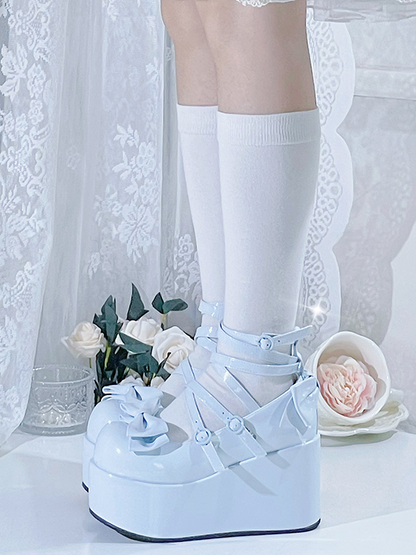 Light Blue Bowknot Buckle Straps Round Toe Platform Lolita Shoes