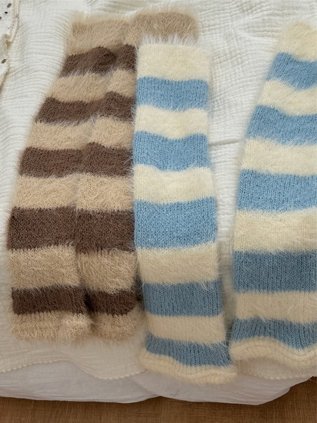5 Options Y2K Striped Pattern Knitted Plush Leg Warmers