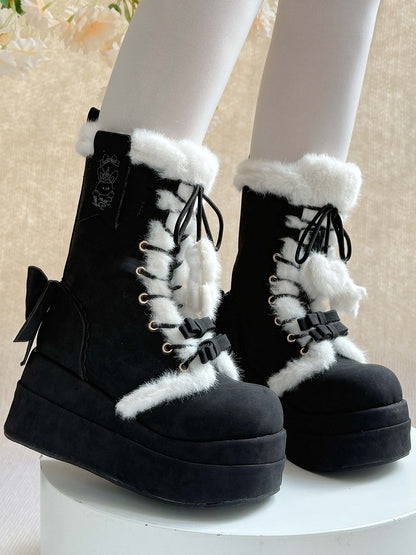 Plush Lined & Romantic Bow Accents Platform Black Boots in Sweet Lolita