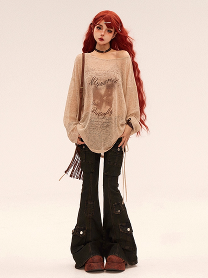 Vintage Butterfly Print Khaki Round Neck Semi-sheer Coverup