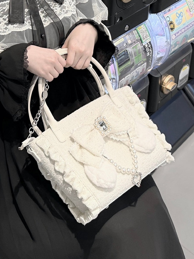 White Triple-Carry Handbag with Ruffles Trim in Elegant Lolita - Beaded And Rhinestone Heart Charm & Plush Bunny Ear Bow