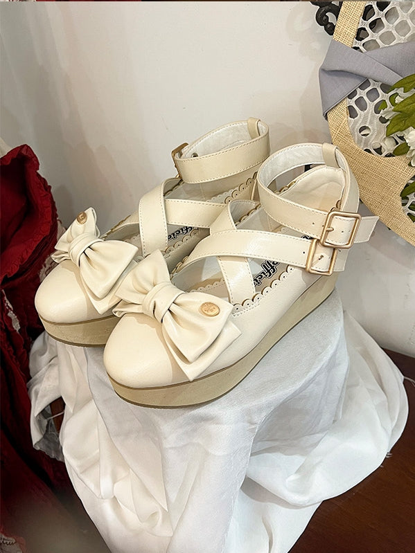 Platform Off-white Lolita Shoes - Crisscross Design & Top Bow
