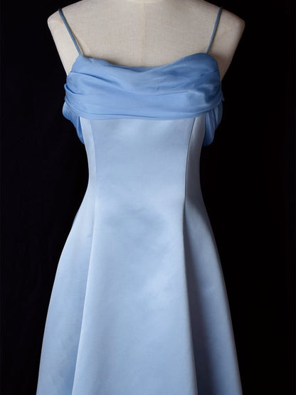 Vintage Blue Satin Spaghetti Straps Gown Elegant Dress