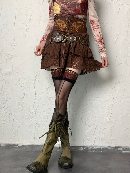 Black Y2K Peacock Feather Pattern Lace Trim Overknee Stockings