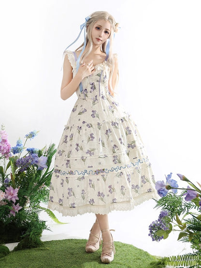 Purple Iris Embroidery Beige Off-the-shoulder Neckline Jumper Skirt