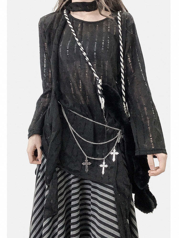 Black Cutout Detail Asymmetrical Hem Long Sleeves Top + Scarf