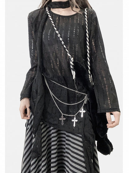 Black Cutout Detail Asymmetrical Hem Long Sleeves Top + Scarf