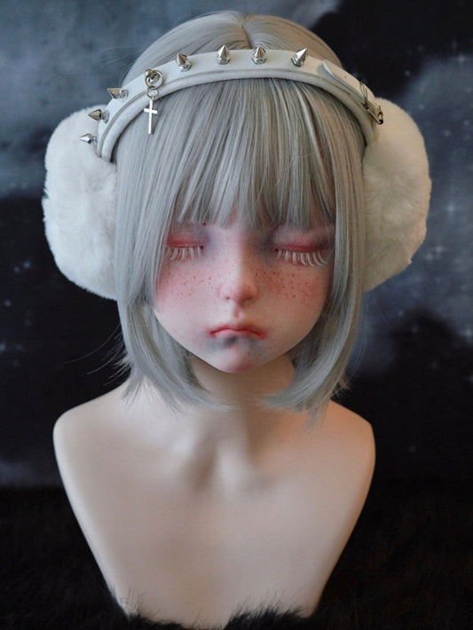 White Handmade Studs Cross Buckle Plush Earmuffs