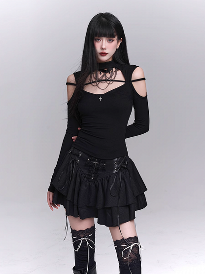 Black Crew Neck Cutout Shoulder Cross Embellished Top