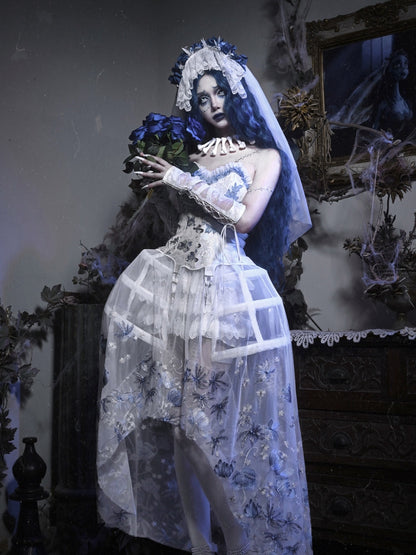 Corpse Bride White High-low Tulle Skirt with Delicate Blue Black Floral Embroidery