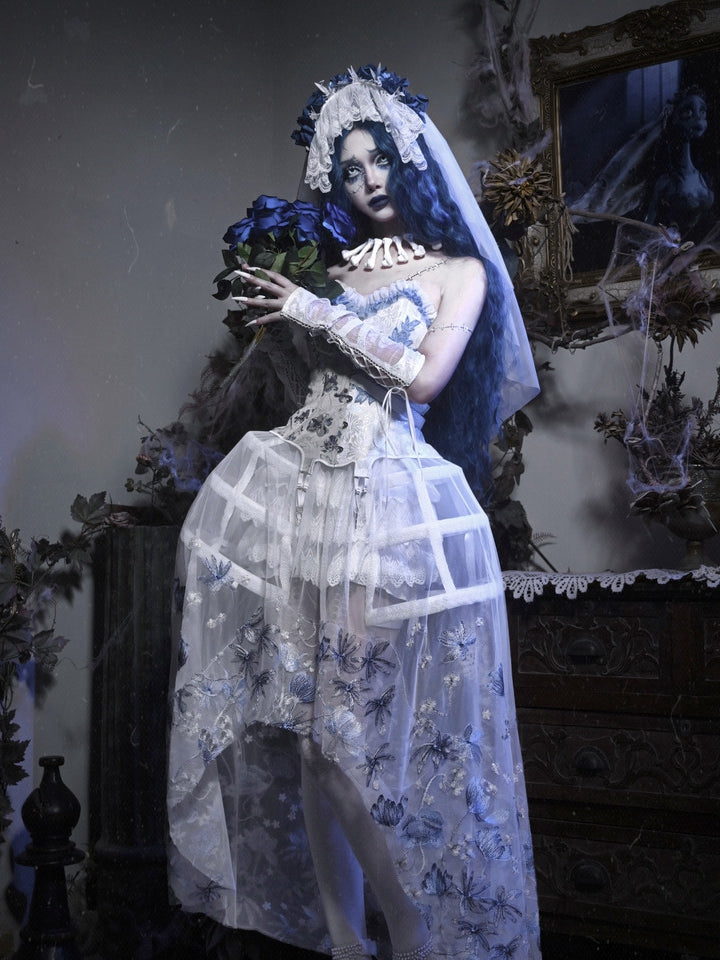 Corpse Bride White High-low Tulle Skirt with Delicate Blue Black Floral Embroidery