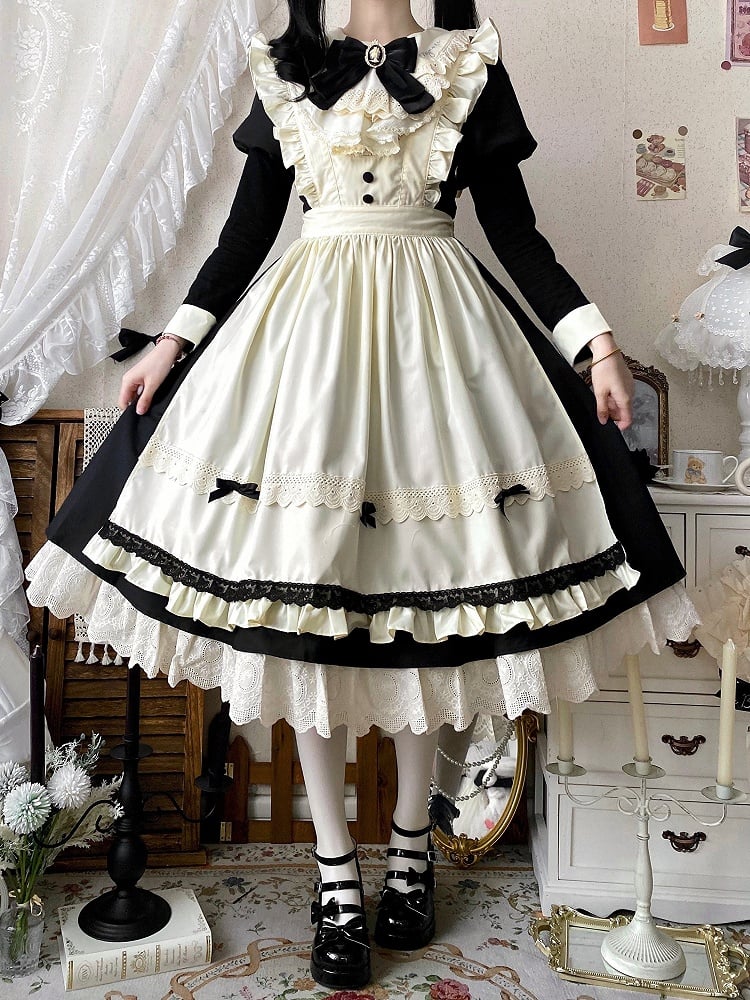 Black and Beige Juliette Sleeves Lolita Dress + Maid Apron Set