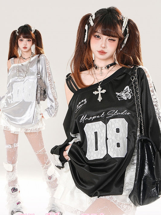 Asymmetrical Neckline Butterfly Embroidery Lace Patches Black/Silver Top