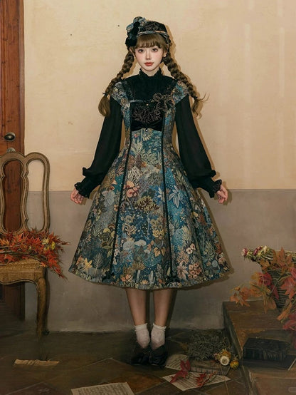 Green & Blue Floral Print Elegant Classic Lolita Dress with Lily Embroidery on the Chest