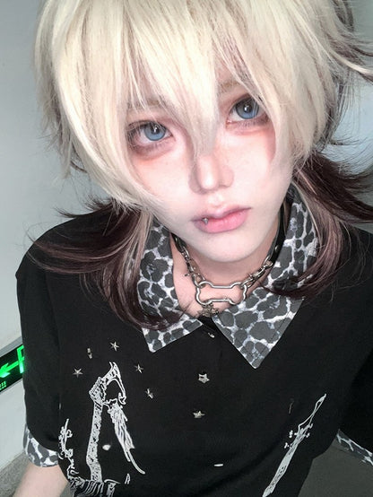 White And Brown Ombre Hair Color 43CM Length Ouji Short Wig With Air Bangs