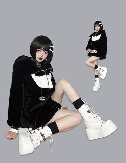 Buckle Straps Plush Bone Decorated Polished White Punk Platform Boots