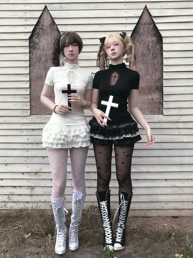 Gothic Black/White Mock Neck Coffin-Shaped Cutout T-Shirt