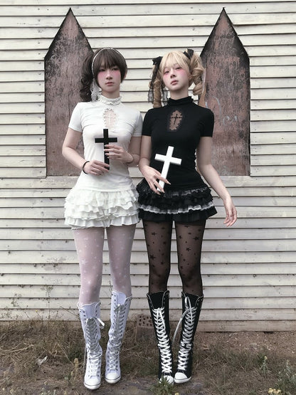 Gothic Black/White Mock Neck Coffin-Shaped Cutout T-Shirt