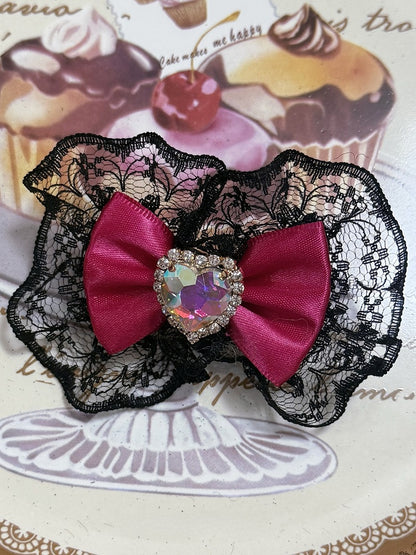 Black&Pink Rhinestone Heart Decorated Lace Trim Bowknot Haiclip + Bowknot Pendant Beaded Necklace + Bowknot Ring