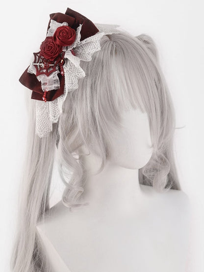 Gothic Spider Web White and Red Rosettes Big Bow Hairclip