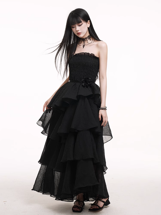 Black High Waist Mesh Tiered Skirt Prom Gown Dress