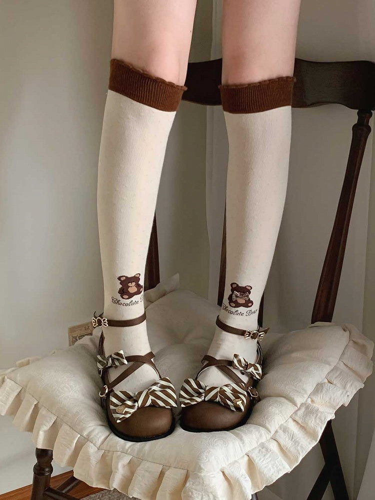 Brown Striped Pattern Bow at Top Crisscross Design Heart Buckles Lolita Shoes