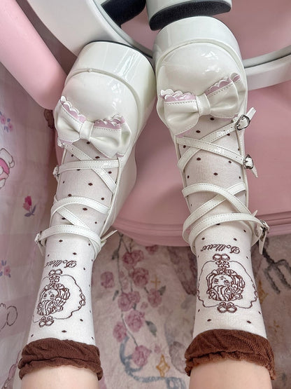 Coffee/Black/Red/Pink Anime Girl Polka-dot Pattern Lolita Calf Socks