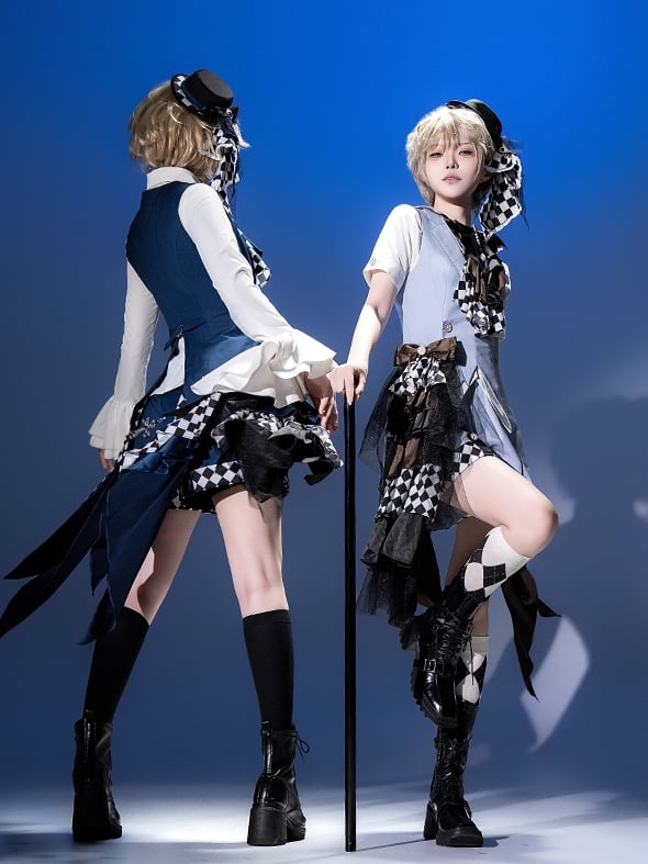 Prince Style Ouji Lolita Handkerchief Hem Dark Blue Checked Pattern Shorts