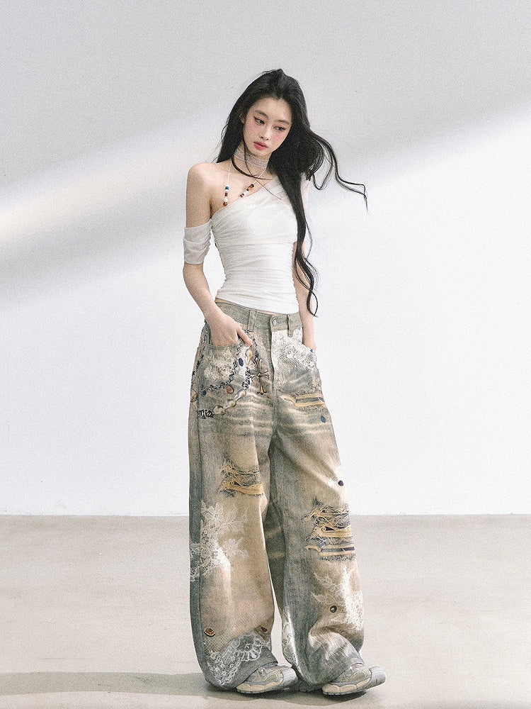 White/Black Asymmetrical Neckline Slim-fitting T-shirt Beaded Halter Top