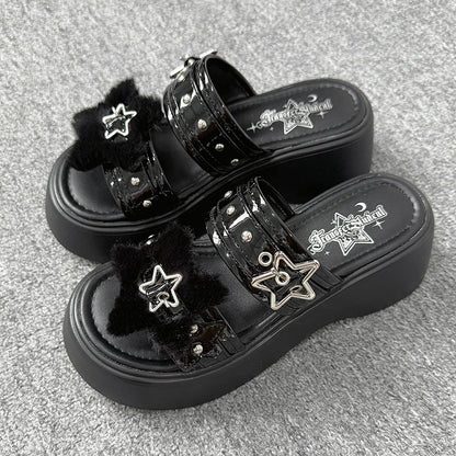 Alt-Goth Black Platform Slippers – Star Buckles, Metal Studs & Fleece Top